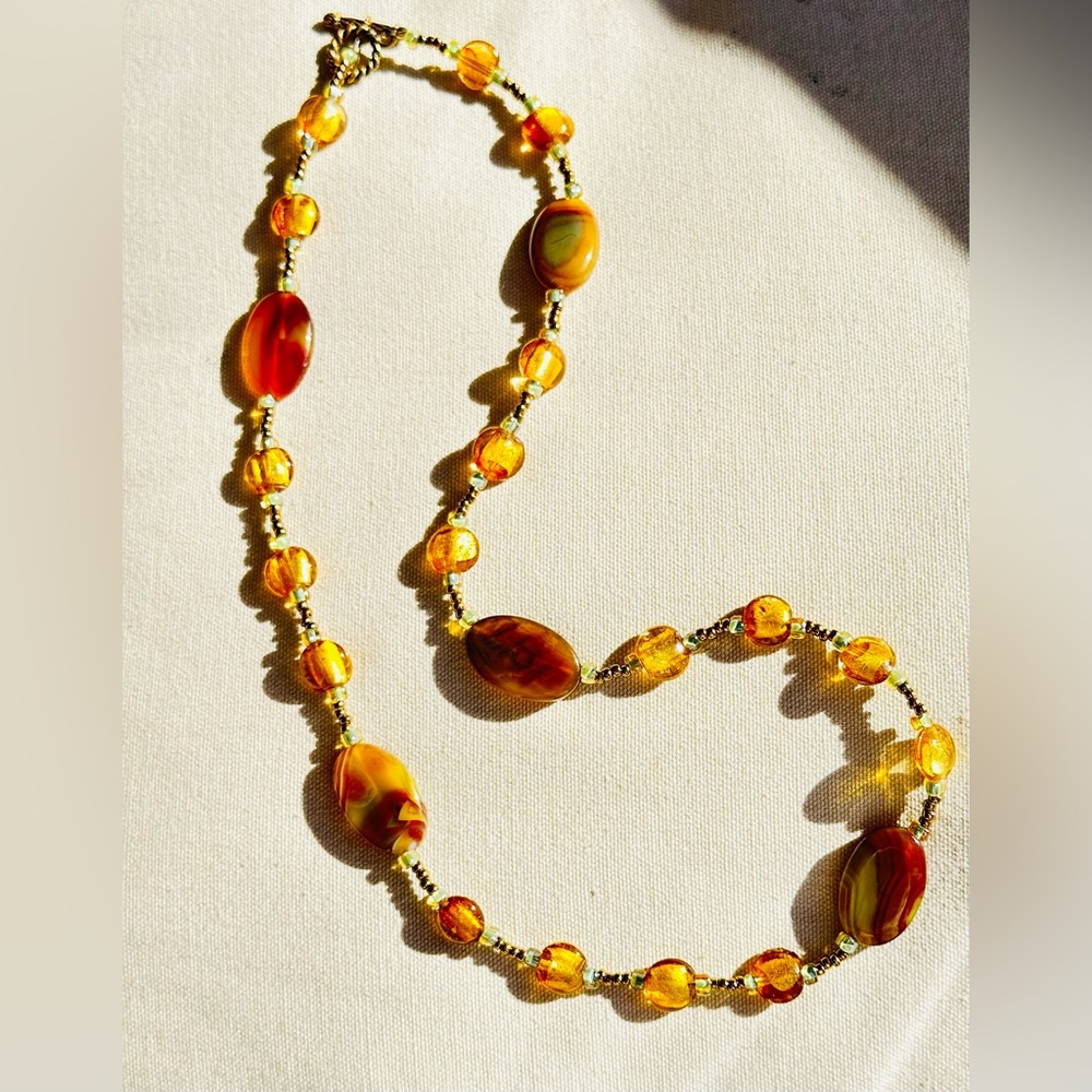Venetian Murano Gold Glass Foil Beads with Agates Necklace  24" - Picture 2 of 8